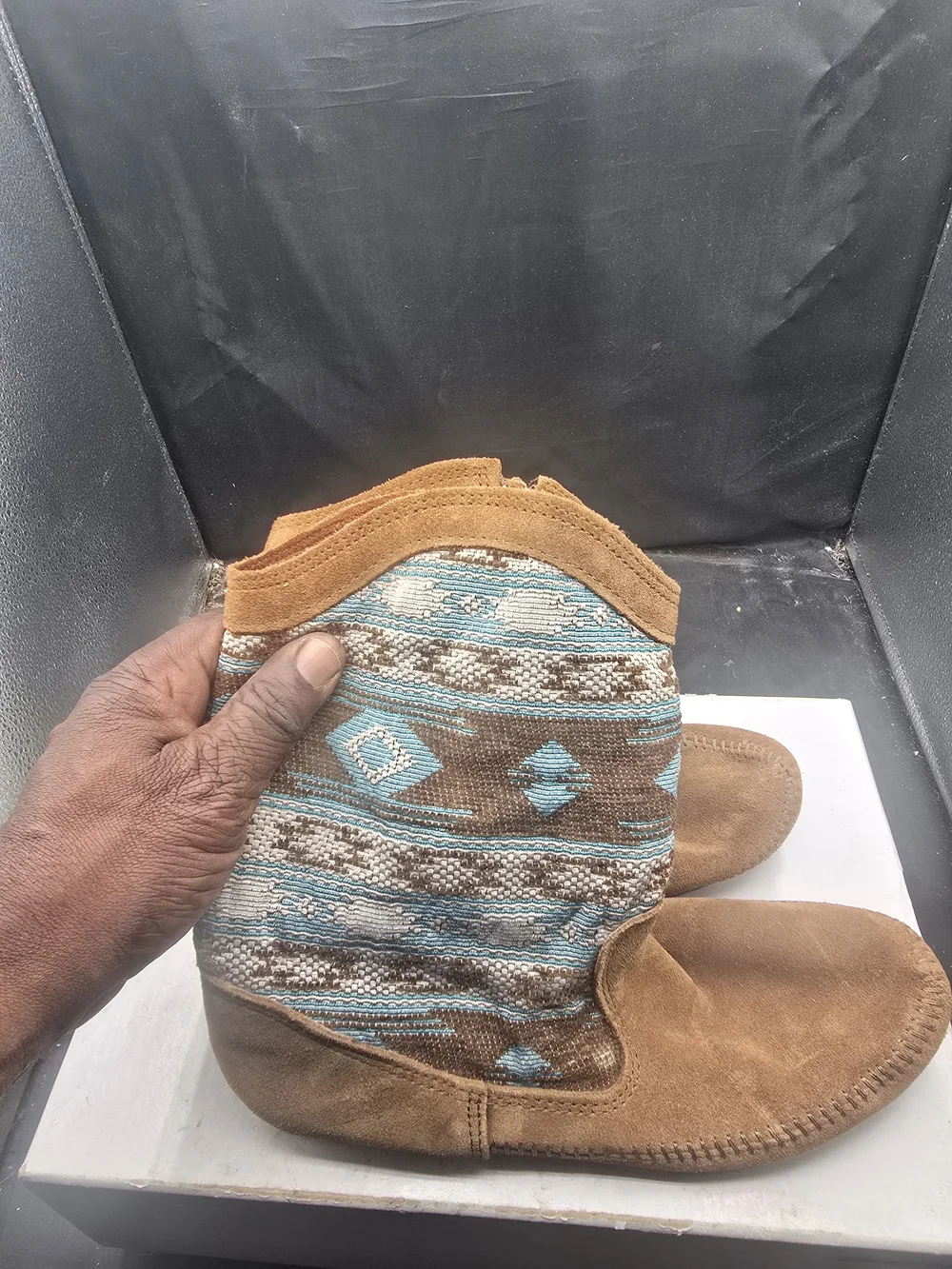 Minnetonka‎ Brown Suede Ankle Boots with Teal Geometric Accent